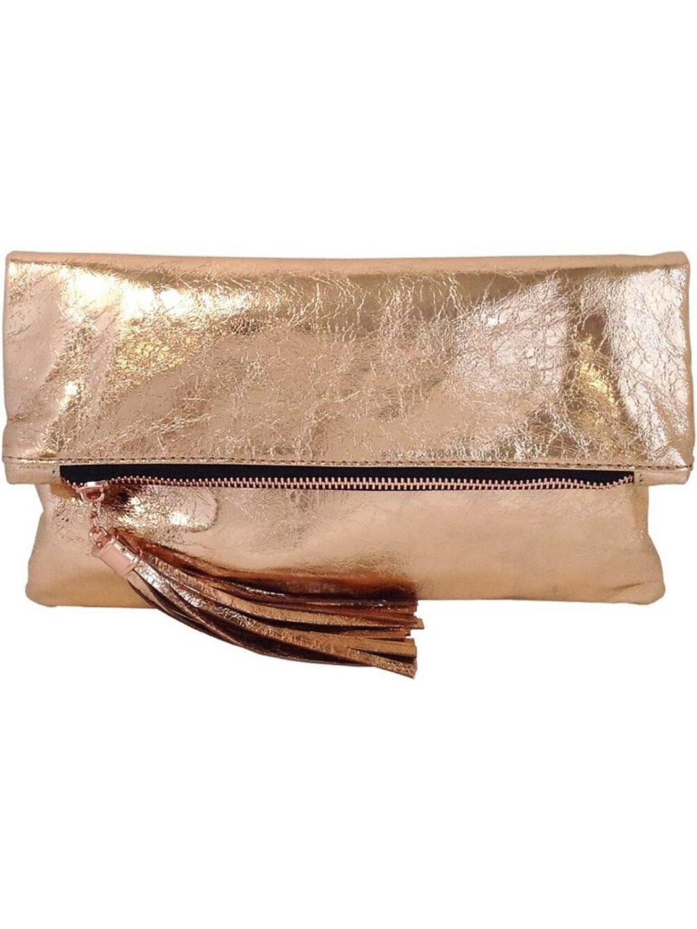 Metallic Foldover Clutch with Tassel - Stylish Cracked Fabric Evening Bag